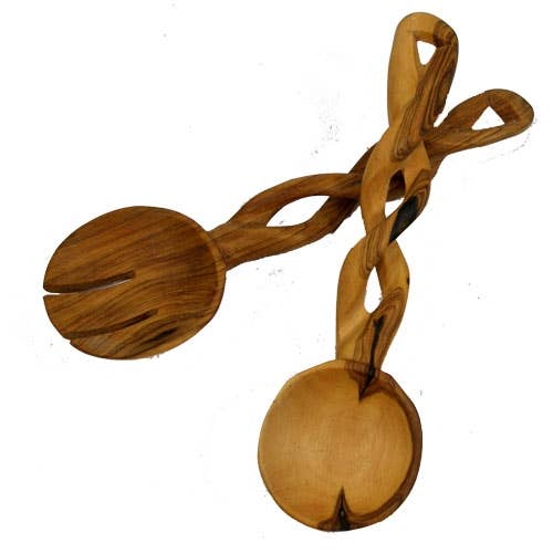 Olive Wood Serving Set - Braided Batik Handles